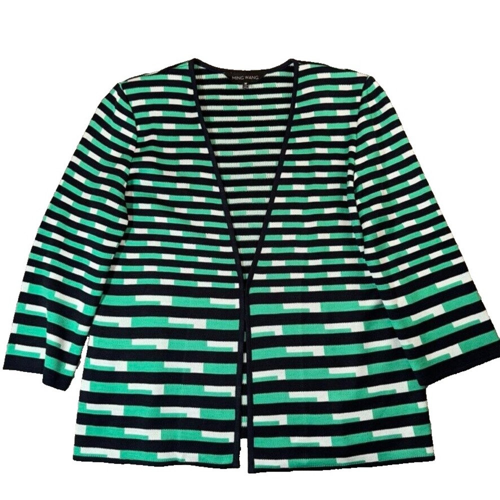 Ming Wang Striped Knit Jacket M Green Black Open Front Career Travel Cardigan